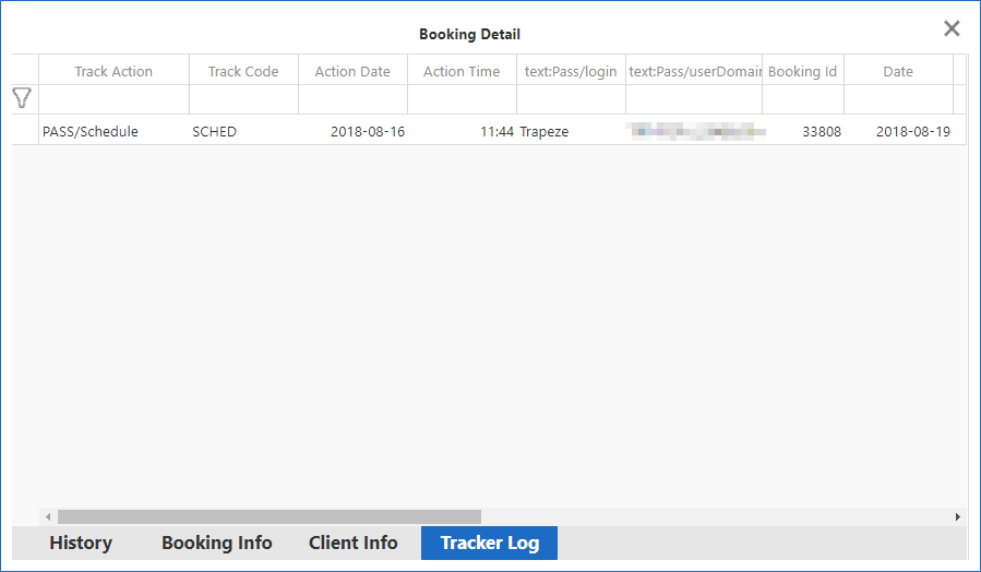 The Booking Detail dialog box open to the Tracker Log tab.