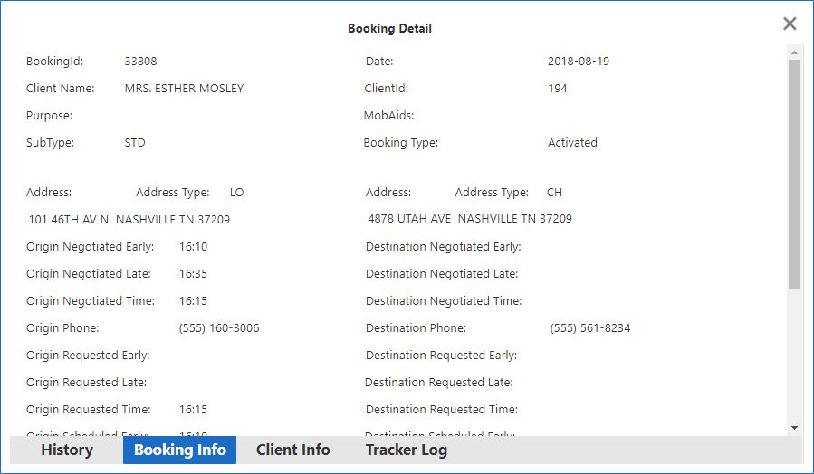 The Booking Detail dialog box open to the Booking Info tab.