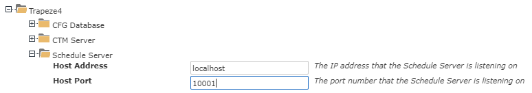 Context properties list for Trapeze4 Schedule Server. It includes Host Address and Host Port.