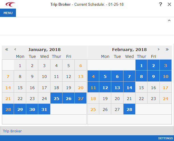 The Trip Broker calendar with multiple dates loaded.