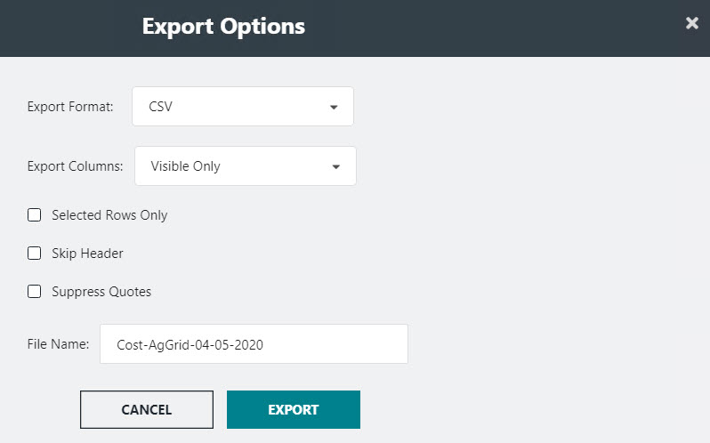 Export Options dialog box for Cost data