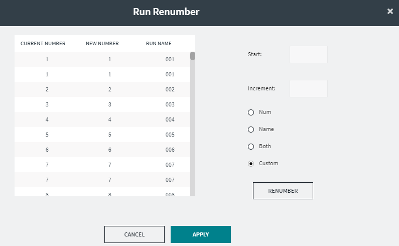 Run Renumber dialog box