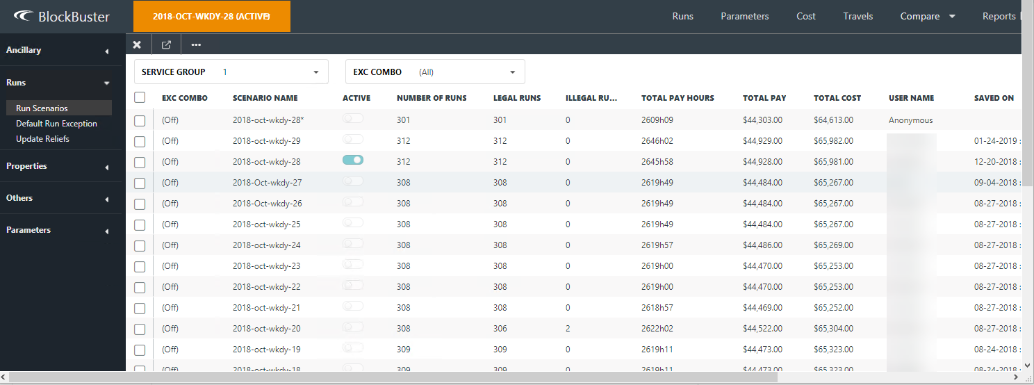 Run Scenarios screen