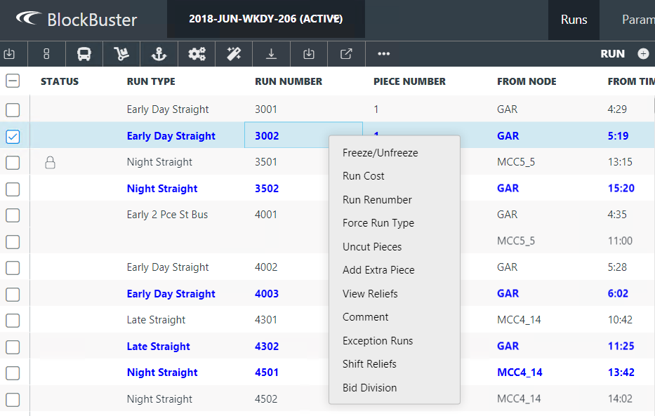 Shortcut menu in the Runs screen