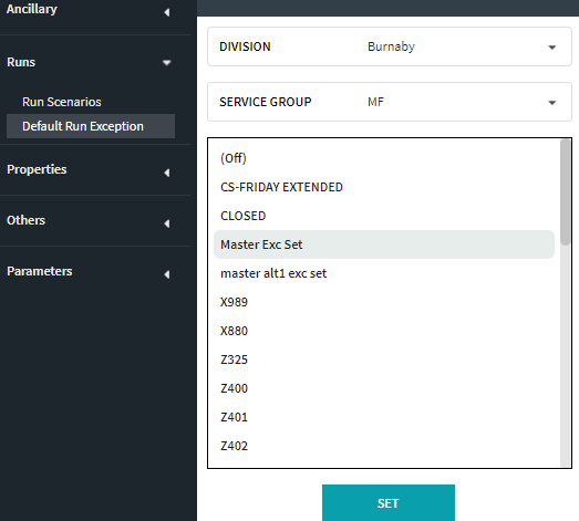 Default Run Exceptions screen
