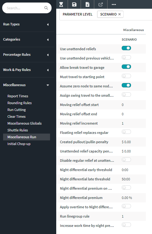 Miscellaneous Run parameters