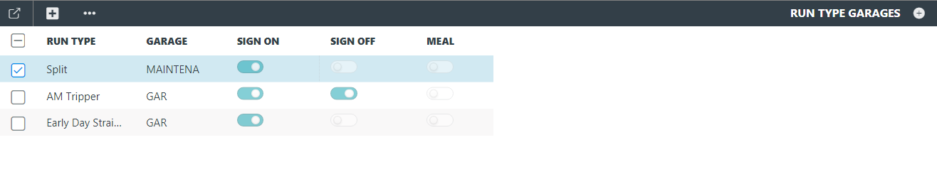 Run Types Garages screen