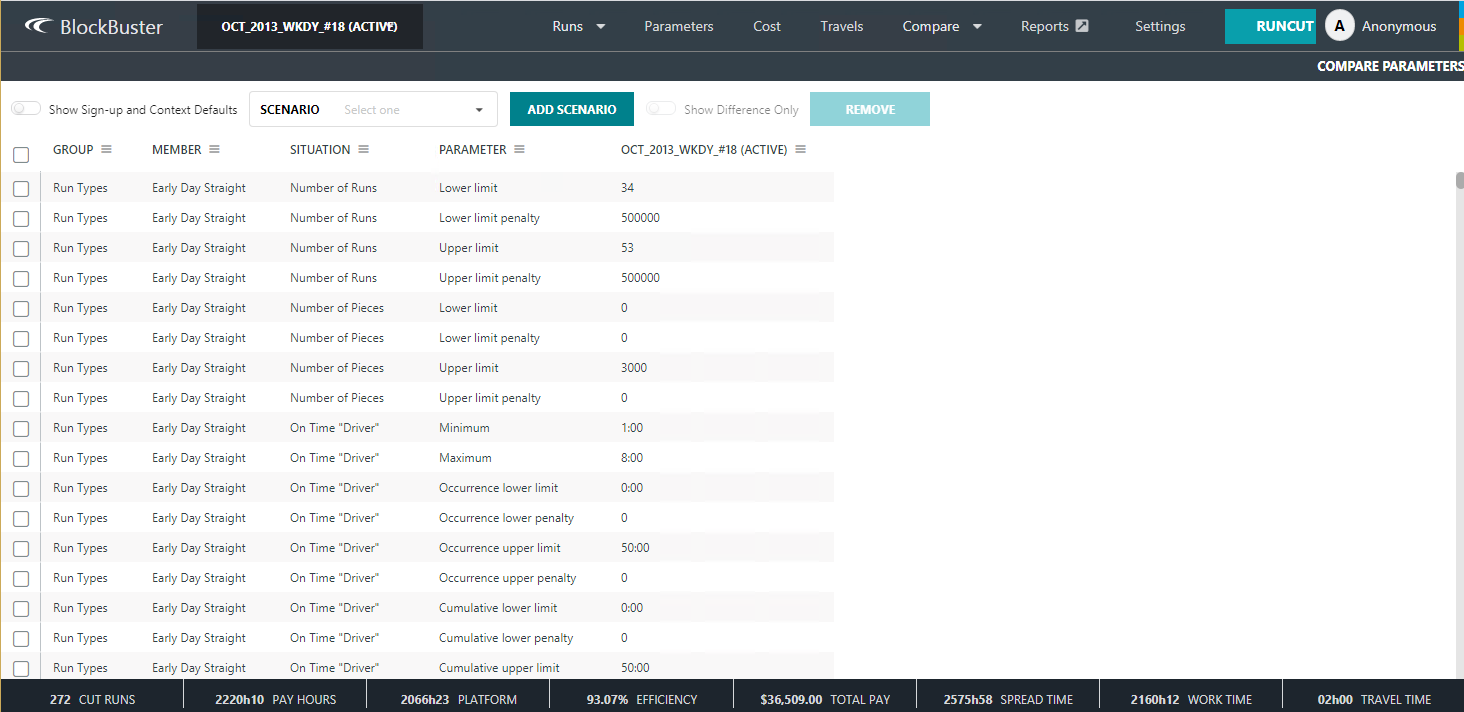 Sample Compare Parameters screen