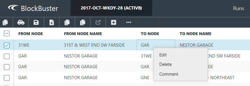 Shortcut menu in the Travels screen