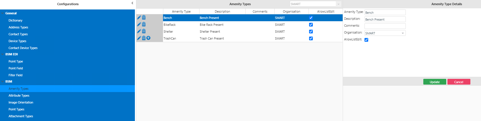 Amenity Type screen with sample data
