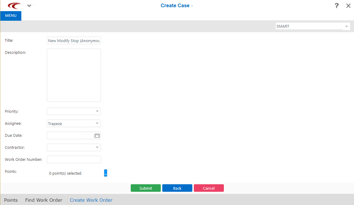 Screen with fields to create a new case