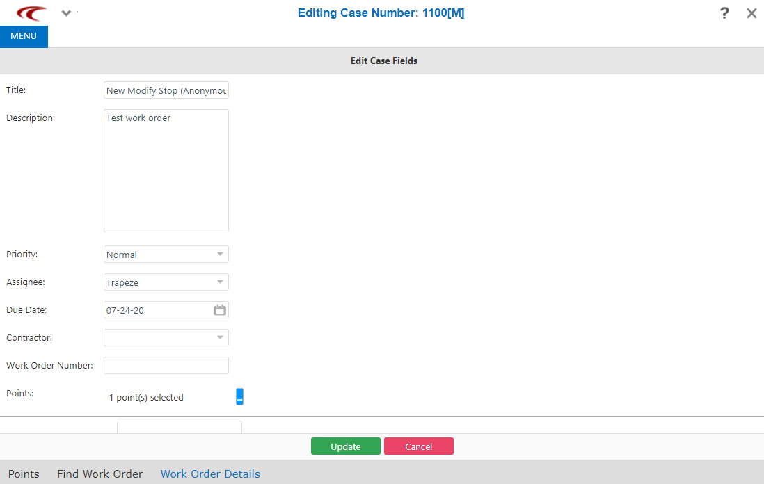 Editing Case Number screen