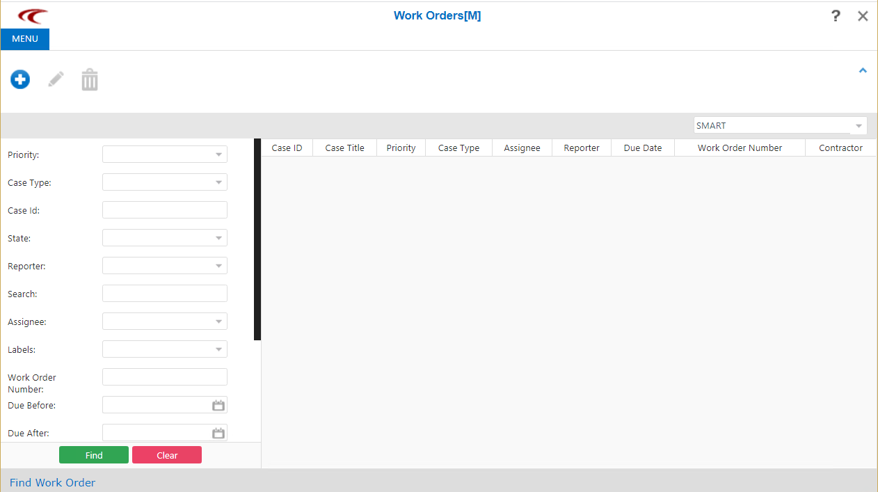Find Work Order screen