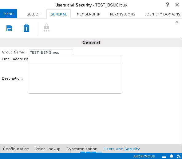 User and Security screen with the General tab open