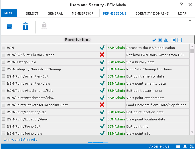 Users and Security screen with the Permissions tab open