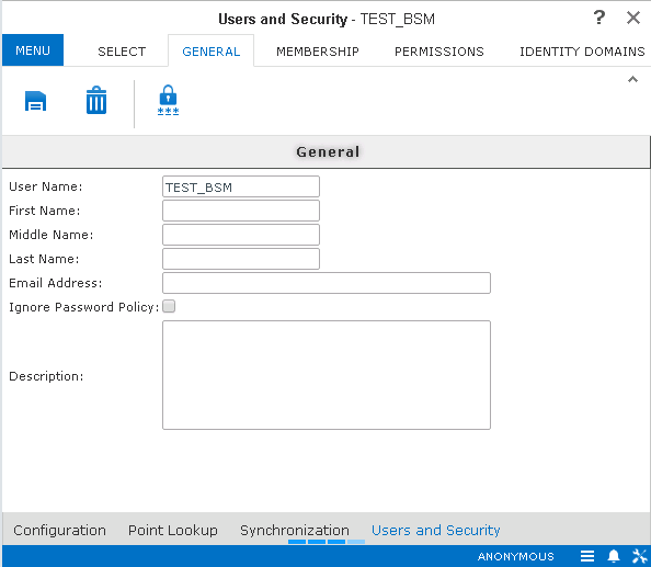 User and Security screen with the General tab open