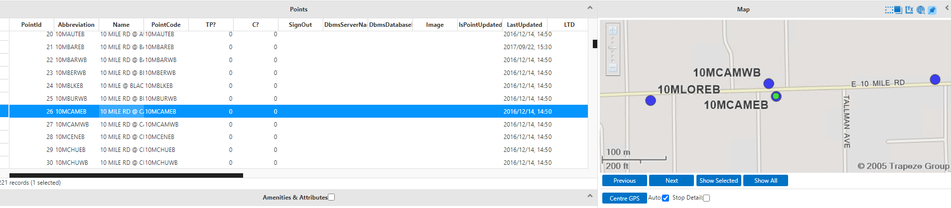 Selected stop in Points pane shown on map