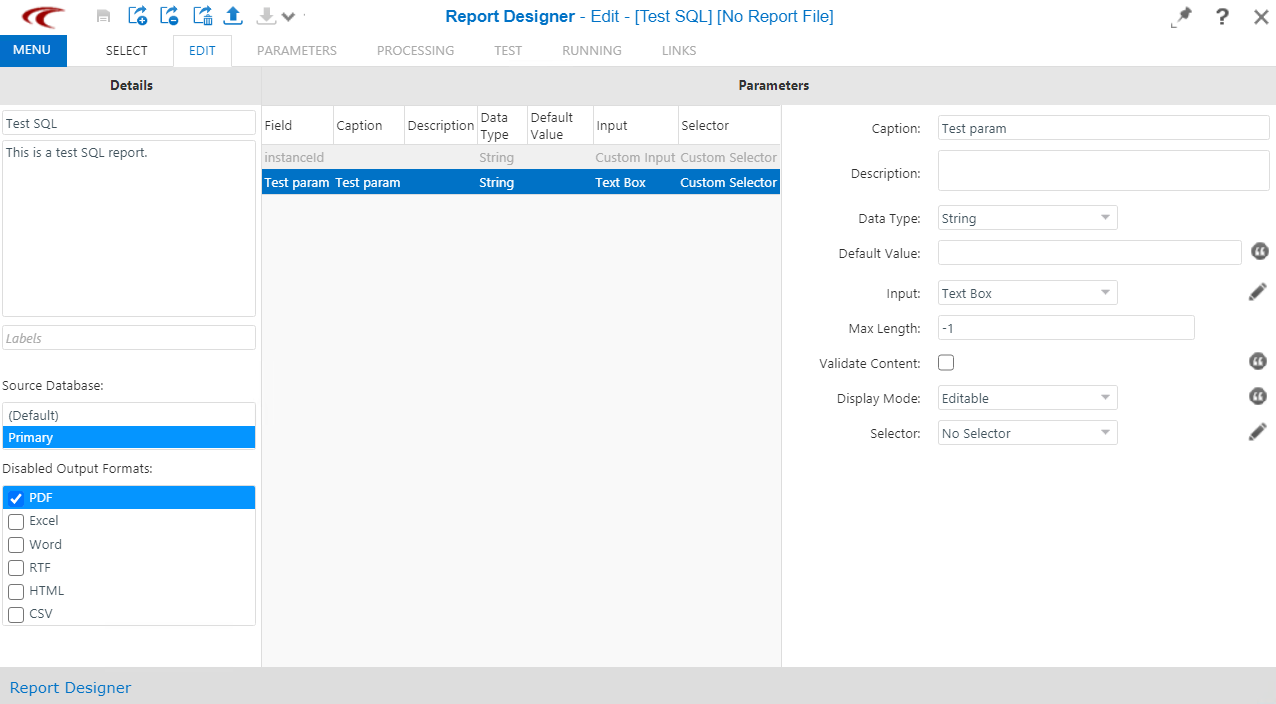 Sample SQL report parameter