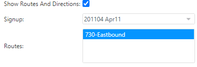 Screenshot with the Show Routes and Directions check box and Signup and Routes fields