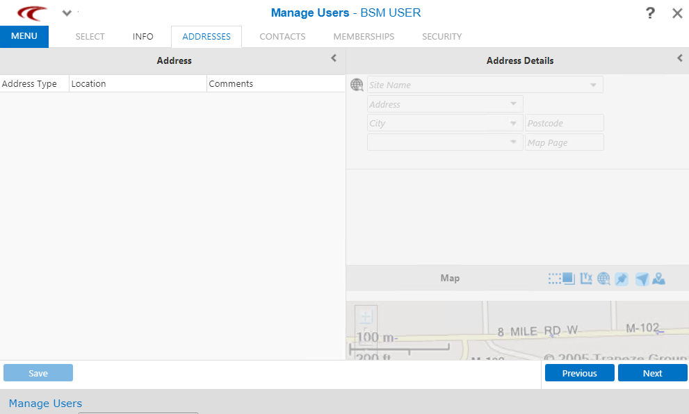 Addresses tab of the Manage Users screen