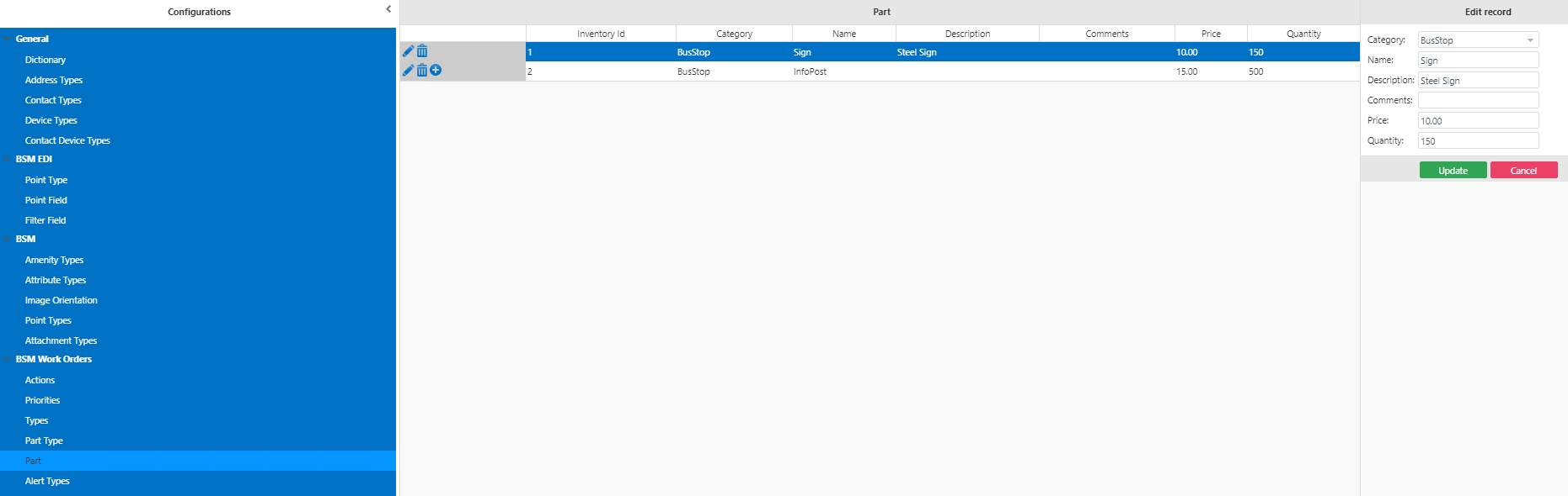 BSM Work Order Parts screen with sample data