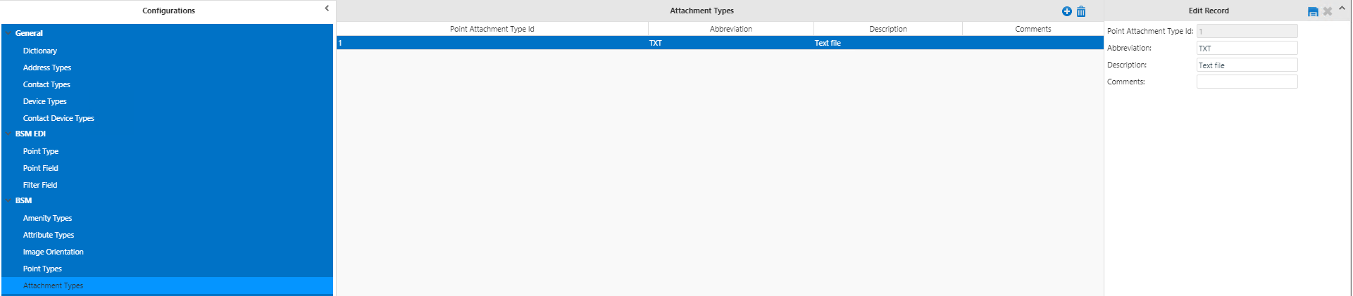 Attachment Types screen with sample data