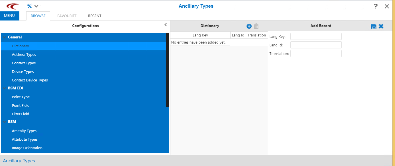 Ancillary Types screen
