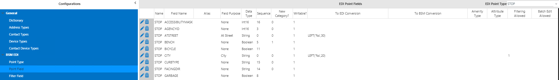 BSM Edit Point Field screen with sample data