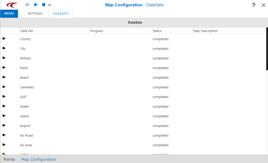 Datasets tab in Map Configuration screen