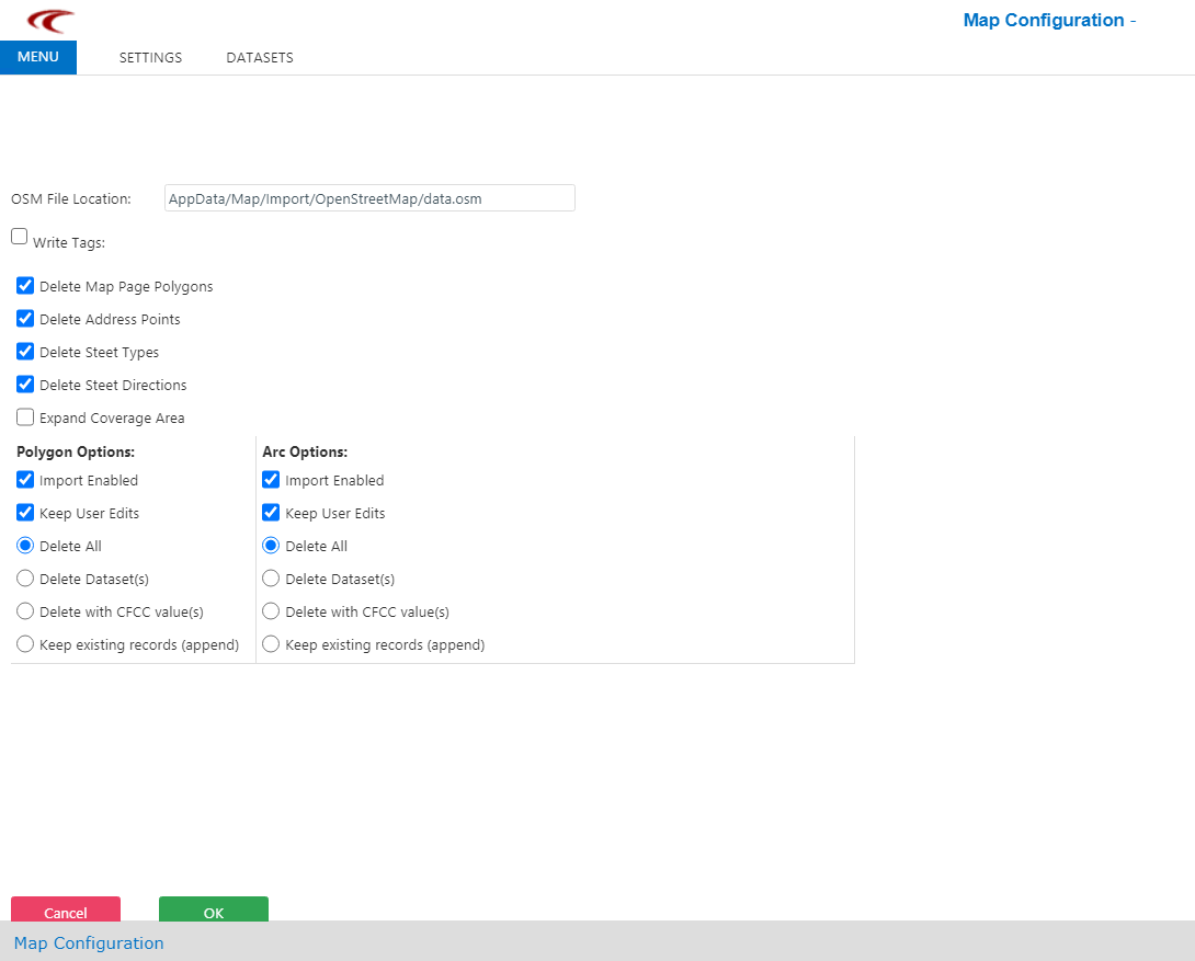 Map Configuration screen with Open Street Map data options
