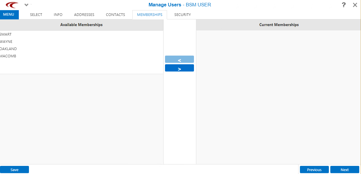 Available Memberships and Current Memberships panes