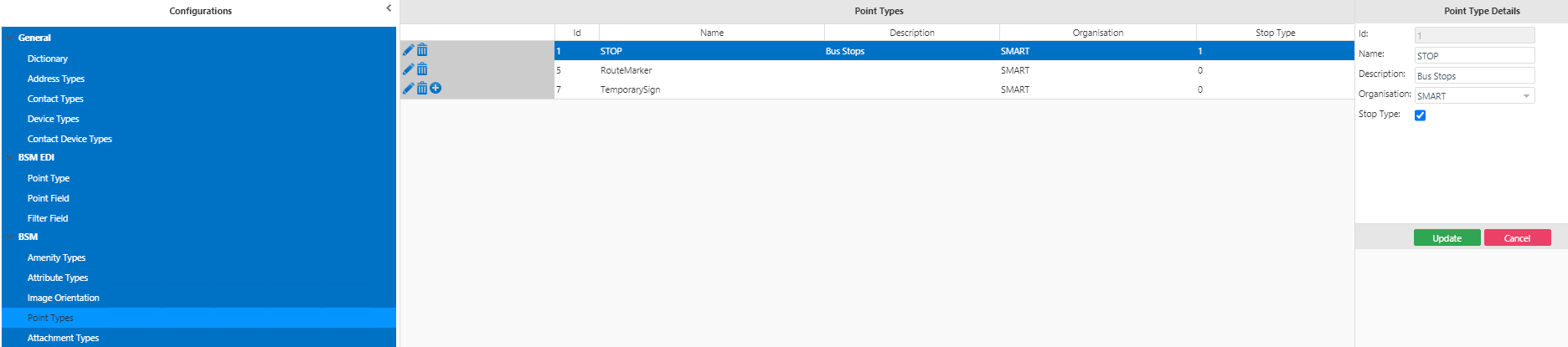 Point Types screen with sample data