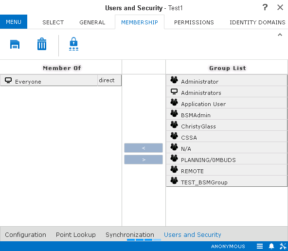 Users and Security screen with the Membership tab open