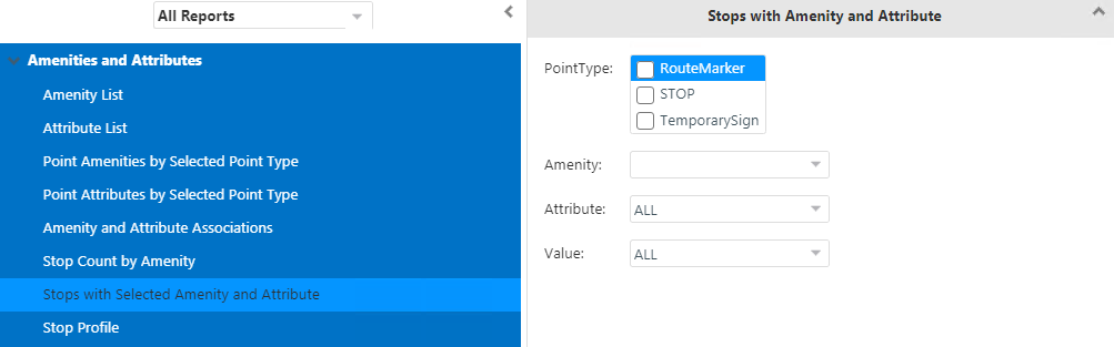 Reports pane with Stops with Selected Amenity and Attributes pane open to the right
