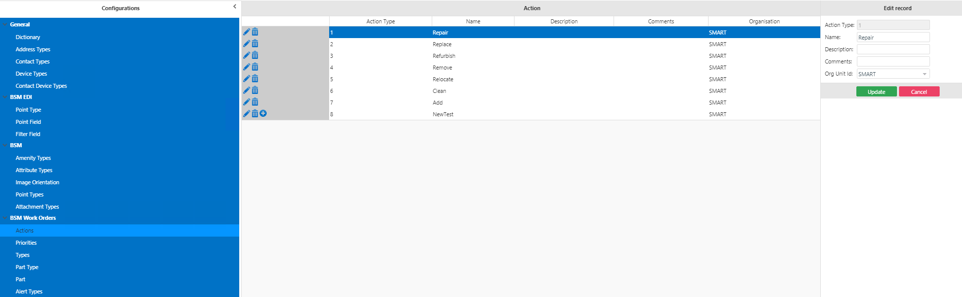 BSM Work Orders Action Types screen with sample data