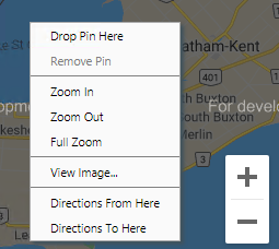 Shortcut menu and Zoom In and Zoom Out buttons on map