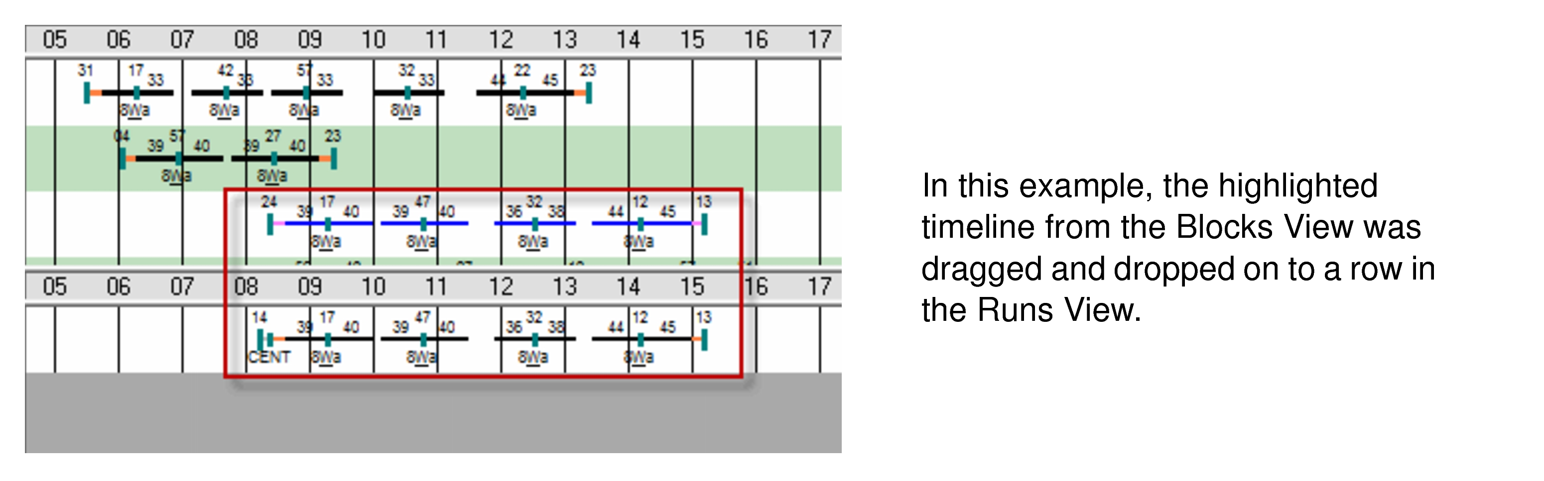 Sample highlighted timeline from Block View placed in Runs view