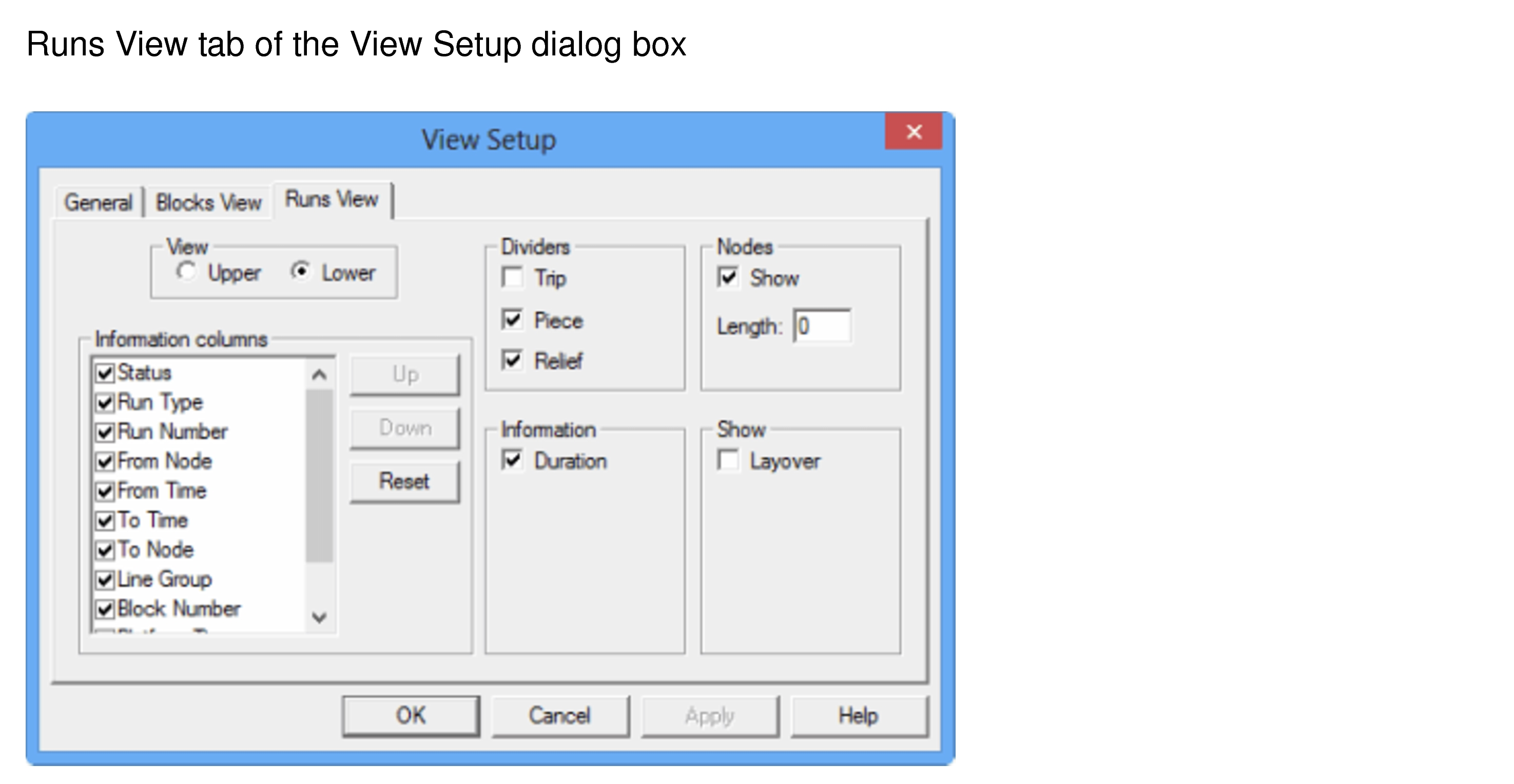 Runs View tab of the View Setup dialog