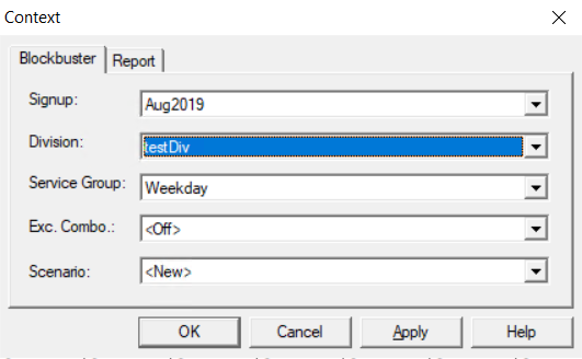 BlockBuster Parameters Report Context dialog