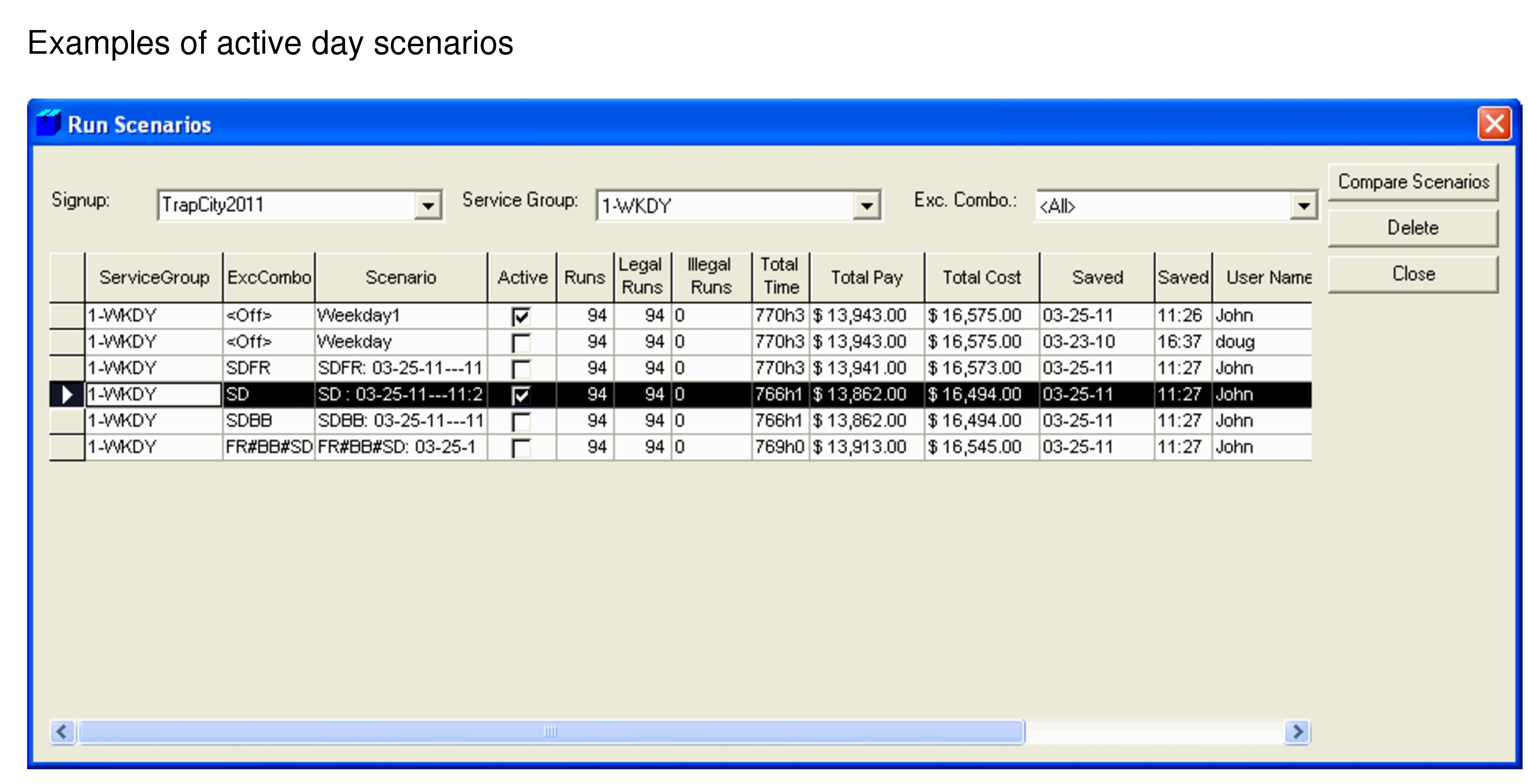 Run Scenarios dialog showing examples of active scenarios