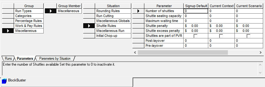 Sample BlockBuster shuttle parameters