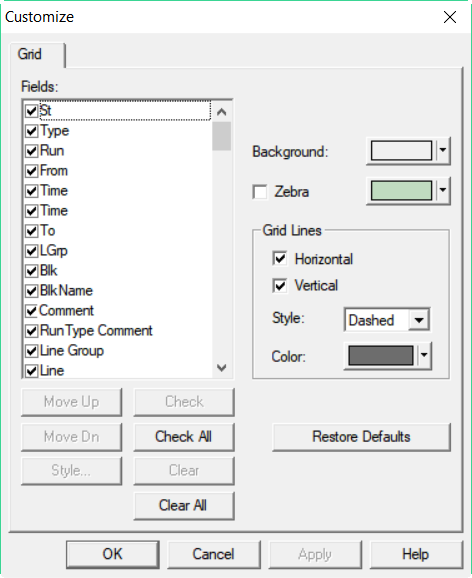 Sample fields selected in the Customize dialog