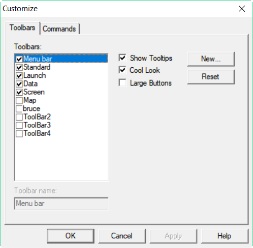 Toolbars tab in Customize dialog