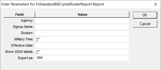 BlockBuster Roster Report parameters