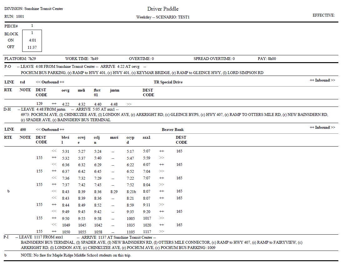 Driver Paddle with sample data