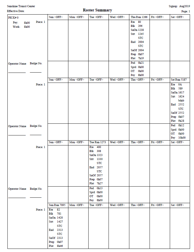 Roster Report with sample data