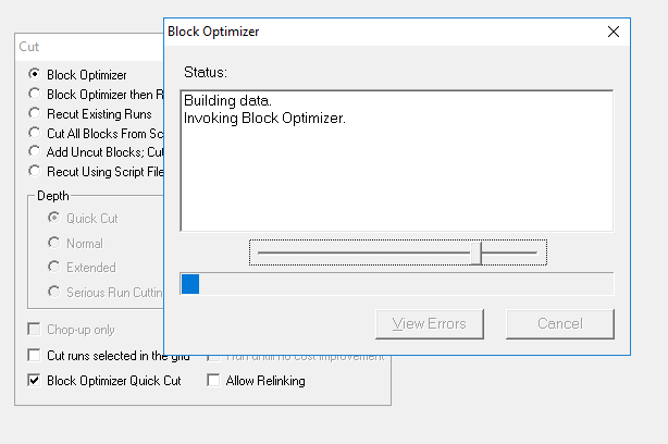 Block Optimizer Run Cutter dialog