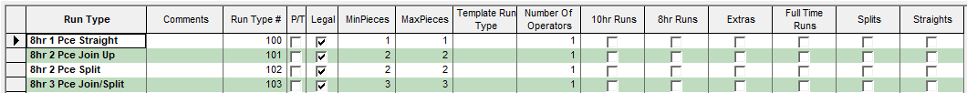 Sample Run Types screen