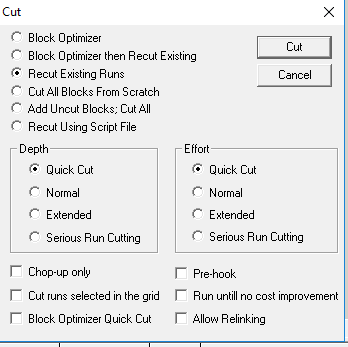Cut dialog with Block Optimizer options activated