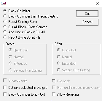 Block Optimizer option selected in Cut dialog